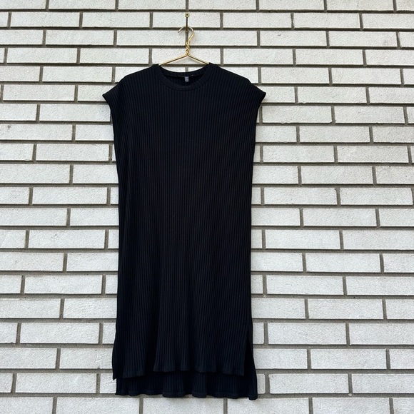 Eileen Fisher Textured Stretch Rib Round Neck Dress Boxy Black Knee Length - Picture 4 of 10